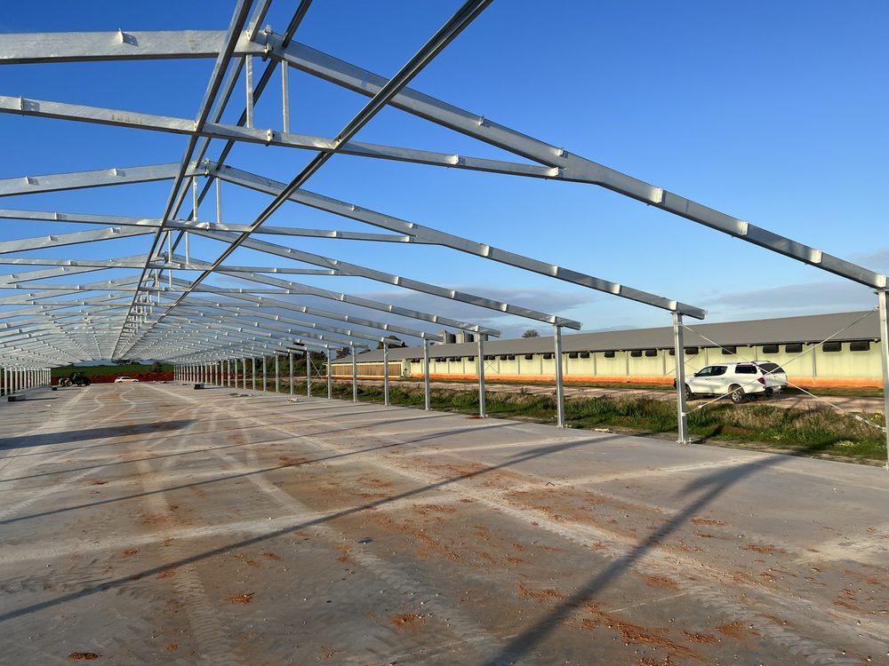 Steel shed frame under construction