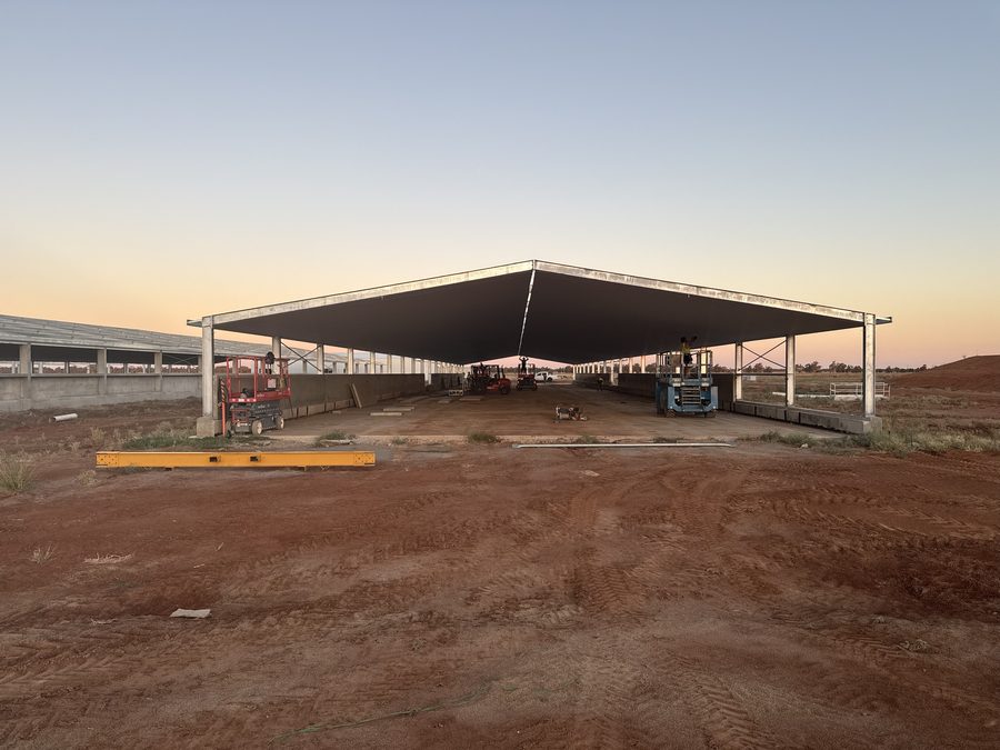 Large shed structure at dusk