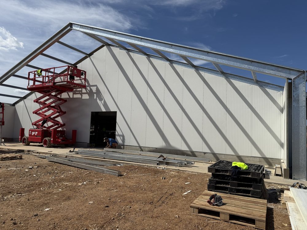 Steel shed frame under construction